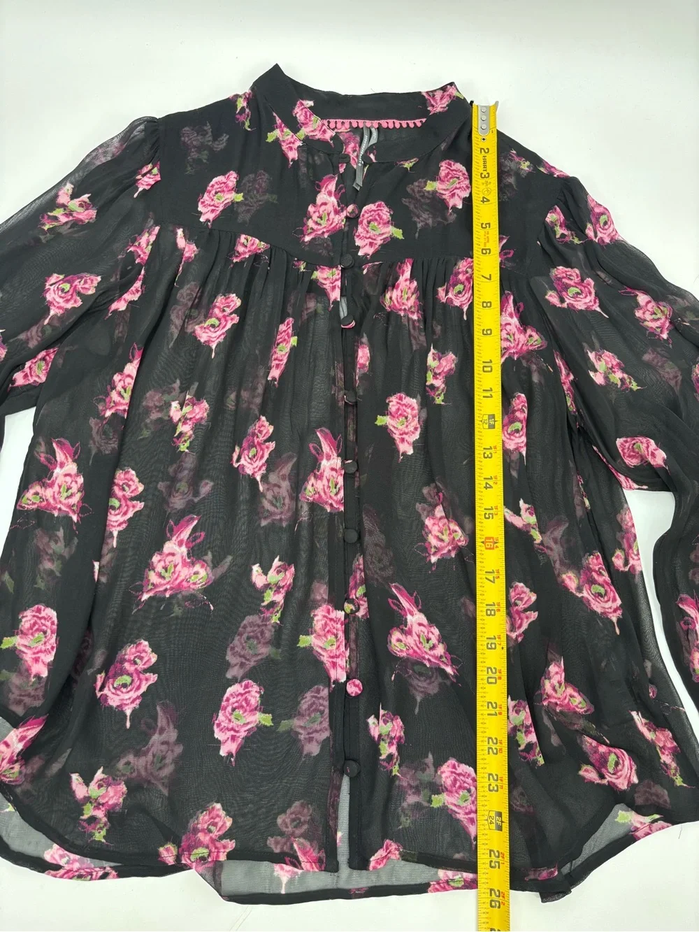Anthropologie Black Floral Sheer Button-Front Blouse - Picture 7 of 11